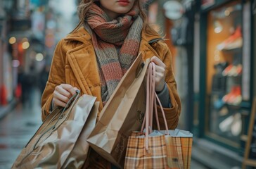 Obraz premium The detailed shot presents a woman holding several high-end shopping bags on a city street