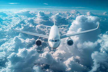 Naklejka na ściany i meble A white airplane is flying through a cloudy sky