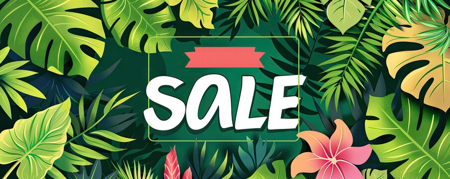 a summer sale banner with a background of tropical leaves. a vibrant and eye catching design during the summer season.
