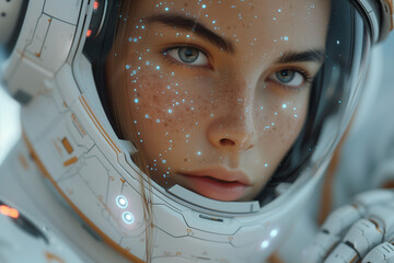 A woman in a white space suit with a glowing face