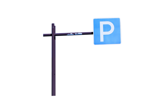 Parking (P) sign mounted on brown steel beam isolated on cut out PNG or transparent background. Symbol aluminum white, blue post about Parking sign car showing free places. traffic sign.