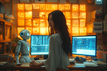 A woman is sitting at a desk with a robot next to her