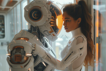 A woman is standing in front of a robot with a white helmet