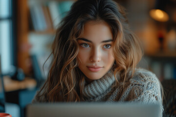 A woman with long brown hair is sitting in front of a laptop