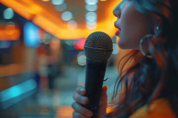 Woman holding a microphone and singing a karaoke song