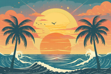 Fototapeta na wymiar a summer background sun, beach, palm trees, waves, and other symbols of summer,