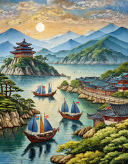 캔버스, 16​세기 한국 풍경, 바다와 배, 사람들이 일하는 모습 - obrazy, fototapety, plakaty
