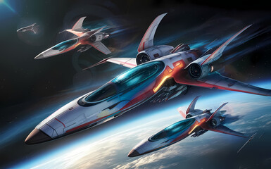 aerospace, featuring futuristic spacecraft or aircraft soaring through the cosmos or Earth's atmosphere, generative ai