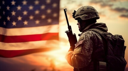 American soldier with flag at sunrise  symbolizing national holidays and patriotism - obrazy, fototapety, plakaty