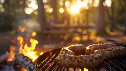 A couple of hot dogs are cooking on a grill in front of a fire - obrazy, fototapety, plakaty