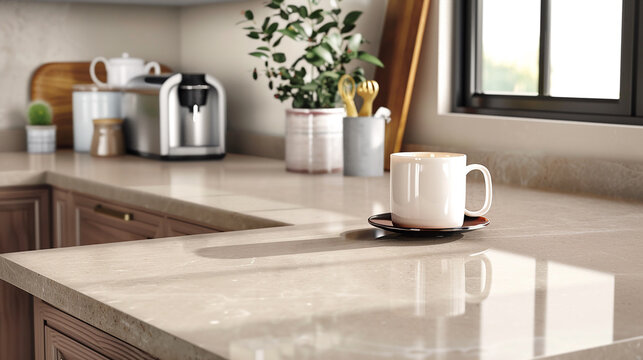 Cup of coffeele countertop in modern kitchen. AI.