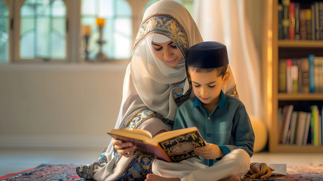 Quran, Muslim child or parent hands reading for learning, Islamic knowledge and faith in Allah, god or culture. Spiritual books, home closeup or an Arab person teaching kid worship, prayer