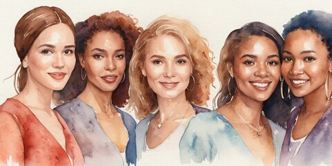 A watercolor illustration of group of women with different races, hair colors and styles are shown in a painting.