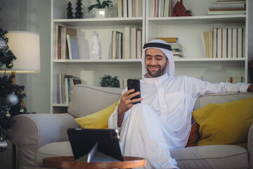The smiling Sheikh CEO remotely leads the team and oversees business operations via video call.
