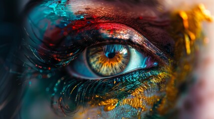 A woman's eye is painted with bright colors and glitter - obrazy, fototapety, plakaty