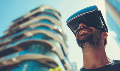 Attractive man wearing virtual reality glasses outdoor.