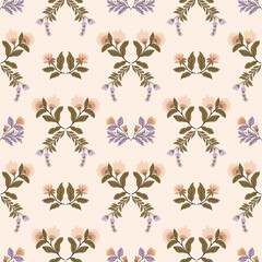 Seamless pattern with folk art design elements. Folk vector illustration with flowers on a dark background. Scandinavian traditional motif