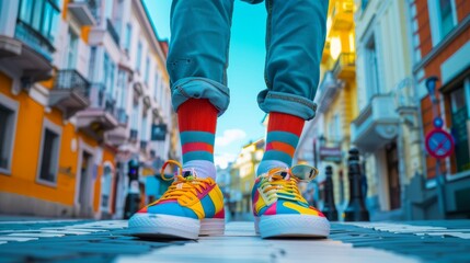 A person is standing on a sidewalk wearing colorful socks and shoes - Powered by Adobe