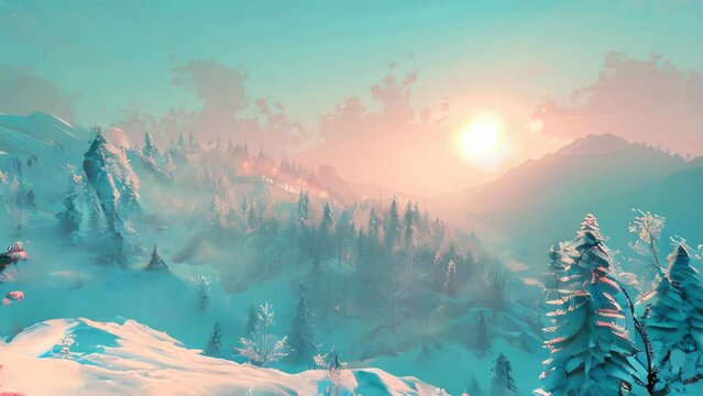 Winter landscape with snowy fir trees in the mountains. Vector illustration.