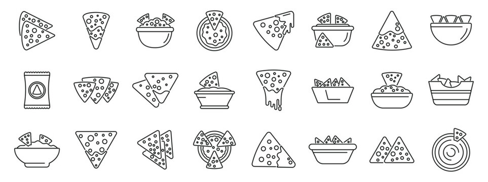 Nachos icons set outline vector. Mexican dip food. Party restaurant salsa