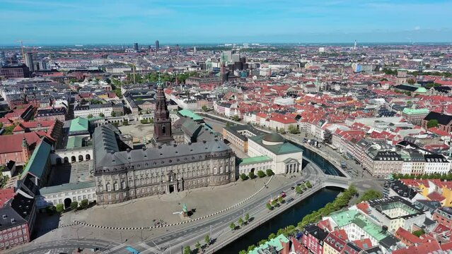 Copenhagen: Aerial view of capital city of Denmark, Christiansborg Palace - landscape panorama of Europe from above
