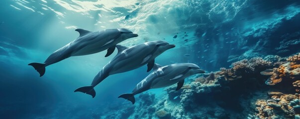 Obraz na płótnie Canvas Dolphins swimm together in underwater world