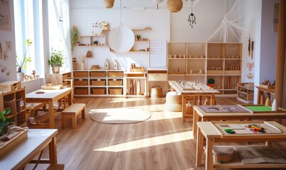 Playful kindergarten classroom or Montessori pre school with wooden furniture or wall