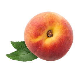 Ripe peach fruit with green leaf