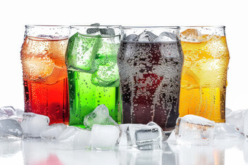 Chilled Soda Variety. Glasses of colorful sodas with effervescent bubbles, nestled in crushed ice, showcasing a refreshing array of fizzy beverages.