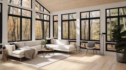 Sunroom with light maple floors and matte black metal framed windows.