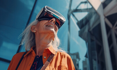 Attractive aged woman wearing virtual reality glasses outdoor