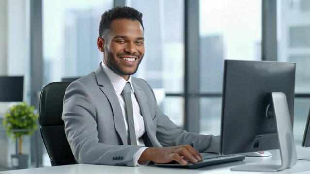 A cheerful businessman remains focused at his computer in a luminous office space, with an inspiring cityscape sprawling beyond the windows.