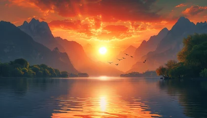 Foto op Canvas High mountains beside the river View of the sunset and birds flying into the sky. generative ai © supannee maneesirira