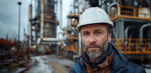 Portrait of a male builder, engineer on the background of a construction site. The hard helmet, overalls. Wrinkles, tired, experienced look - obrazy, fototapety, plakaty