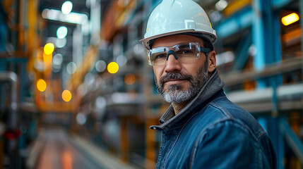 Portrait of a male builder, engineer on the background of a construction site. The hard helmet, overalls. Wrinkles, tired, experienced look - obrazy, fototapety, plakaty