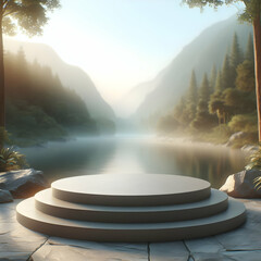 Photoreal 3D with Stone Podium with a blurred or bokeh background of a Tranquil Lake View