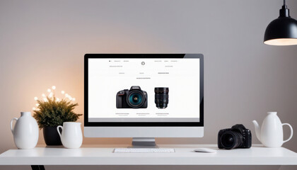 Modern laptop with an open webpage on the desk in white room 