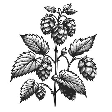 Detailed black and white vintage illustration of hops with leaves and tendrils. Sketch engraving generative ai raster illustration. Scratch board imitation. Black and white image.