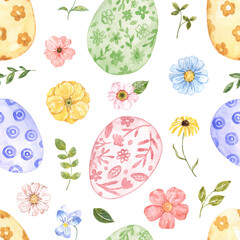 Easter eggs and cute flower print. Watercolor spring wallpaper. Floral seamless pattern. Holiday-themed backdrop. - 761413830
