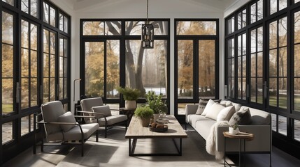 Sunroom with matte black metal windows and gunmetal gray floors.