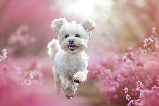Joyful white dog leaping among pink cherry blossoms, ideal for springtime themes.