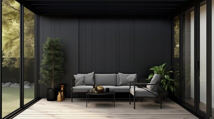 Sunroom with matte black stucco walls and black metal inlay detailing.