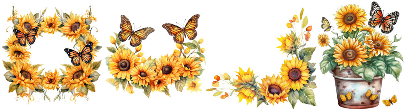 Set of sunflowers watercolor collection hand drawn, sunflowers elegant watercolor illustration , sunflowers isolated transparent background, PNG.	