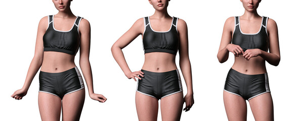 black running sports bra and shorts on nice and strong figure model 3d rendering isolated 