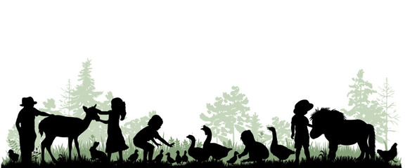 Fototapeta na wymiar Children and pets silhouettes on white background. Little girls and boys play and feed farm animals. Vector illustration. 
