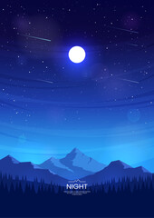 Fototapeta premium Vertical vector poster. Nocturne. Full moon and stars, night sky. Mountains and forest. The mountain tops are illuminated by the moonlight. Cover design, postcard, invitation, flyer, background.