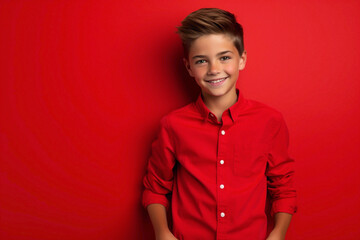 The kid model posing with a confident smile, standing against a red solid wall background.