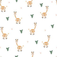 Vector hand drawn seamless pattern with cute cartoon animal for background
