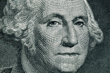 George Washington's face on a one dollar bill. United States national currency banknote fragment. George Washington portrait - obrazy, fototapety, plakaty