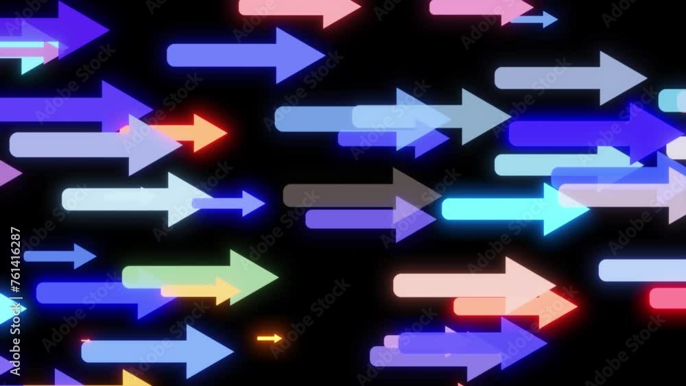 Poster Sign Arrows Loop Animation Randomly Moving And Flying.glowing Neon Arrow Direction Animation On Black Background. Lots Of Glowing Digital Neon Arrow Direction Sign Falling Rain On Black. Neon Arrow